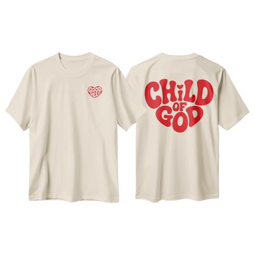 Beige t-shirt with 'Good Deep' logo on the front and 'Child of God' text on the back